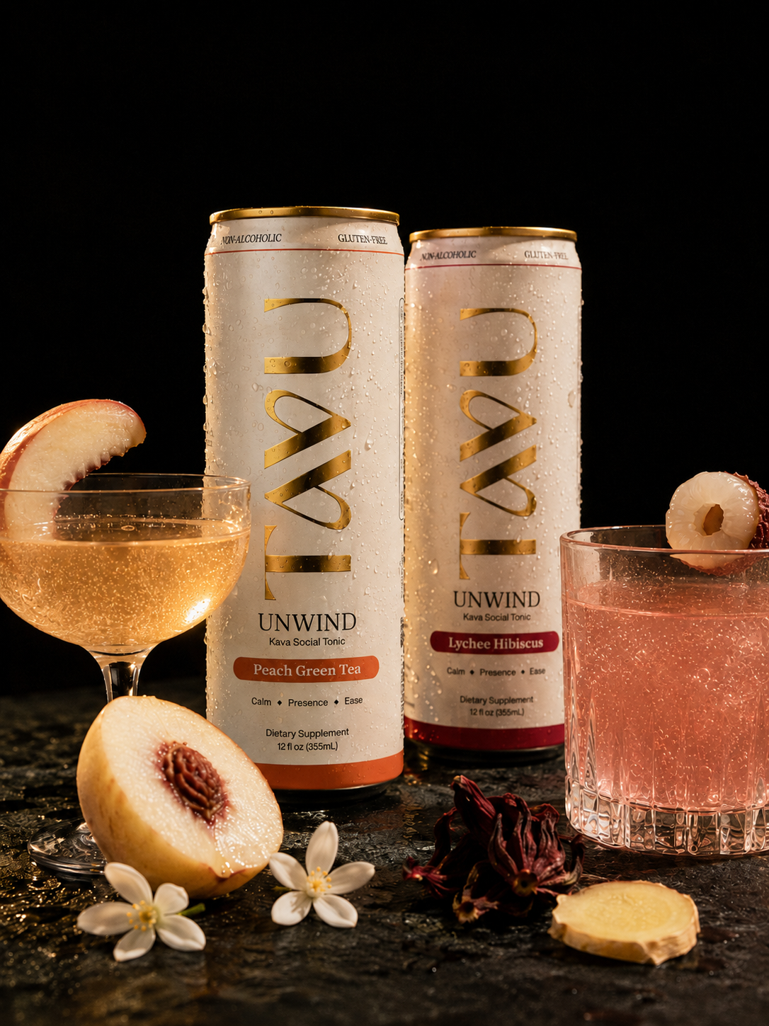 Two TAVU cans — Peach Green Tea and Lychee Hibiscus — styled with cocktails, fresh peach and hibiscus flowers