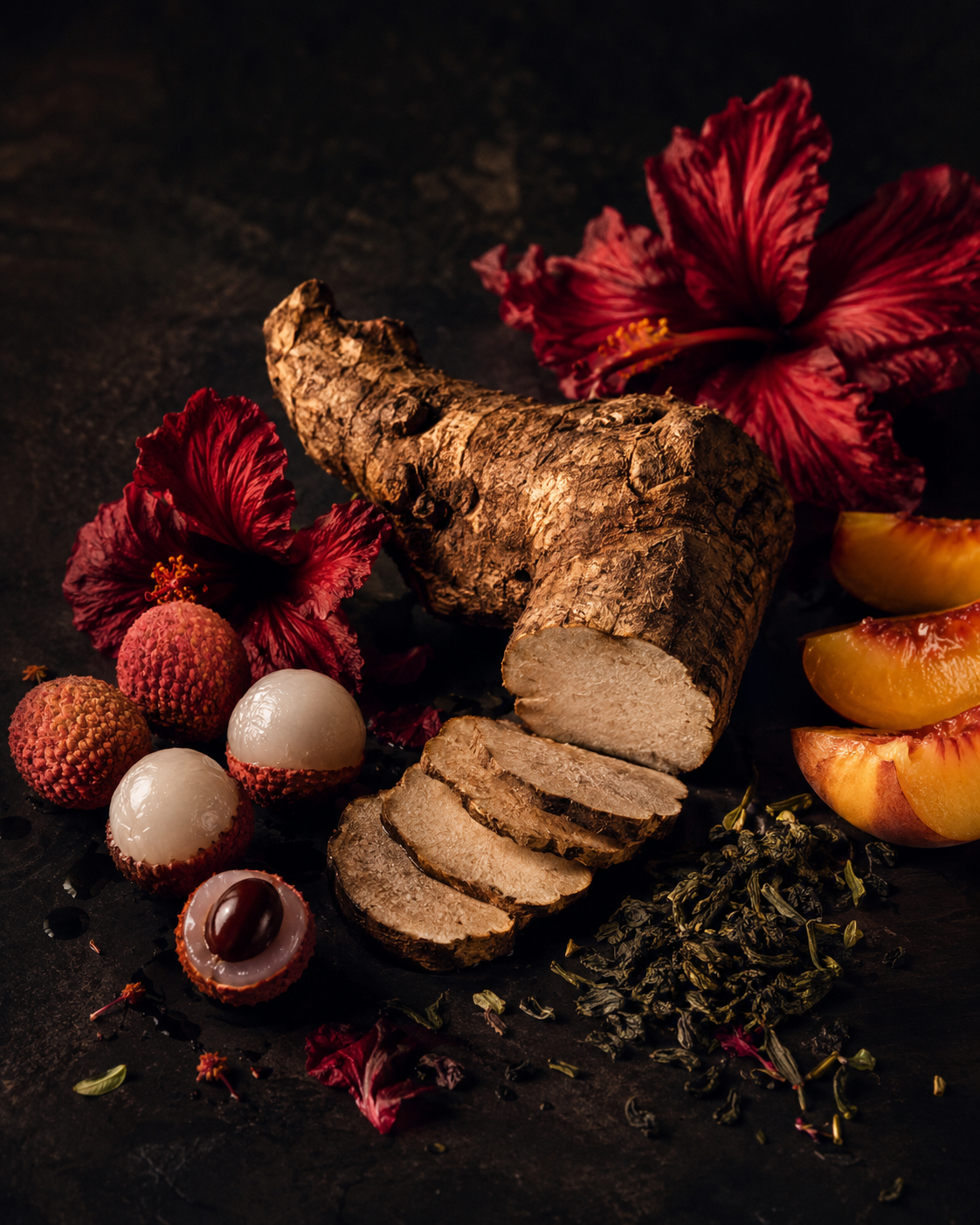 TAVU's botanical ingredients: kava root, lychee, hibiscus, peach and green tea leaves