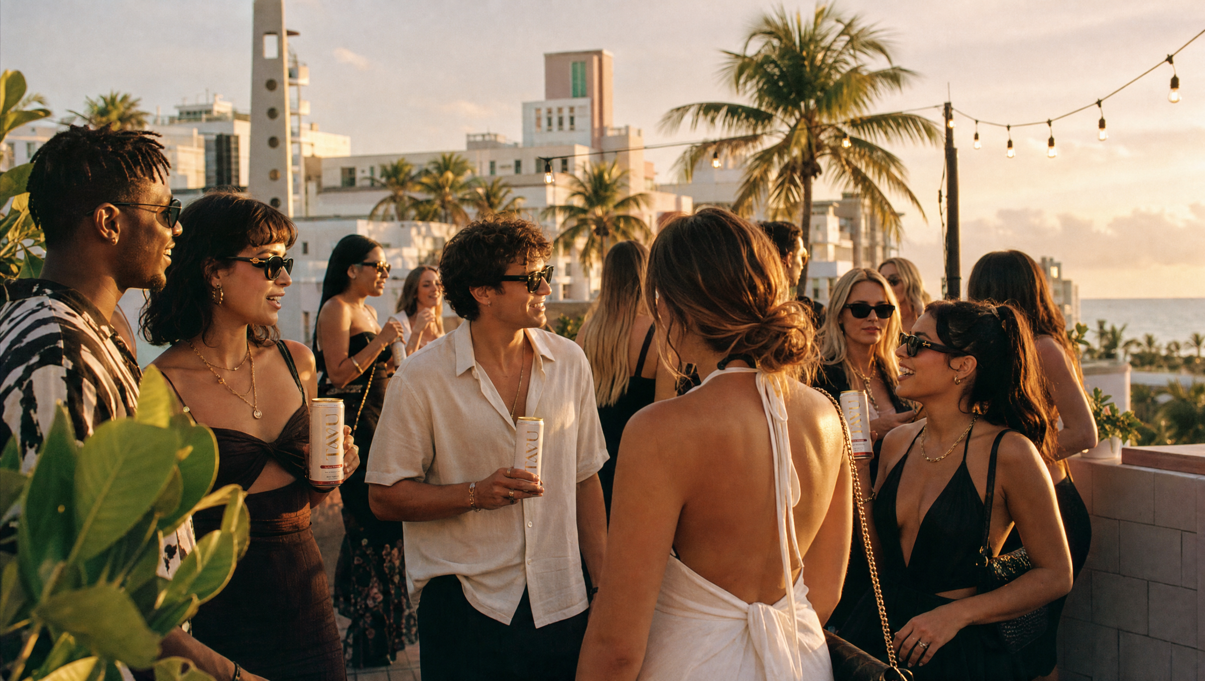 Friends socializing with TAVU cans at a rooftop party at sunset