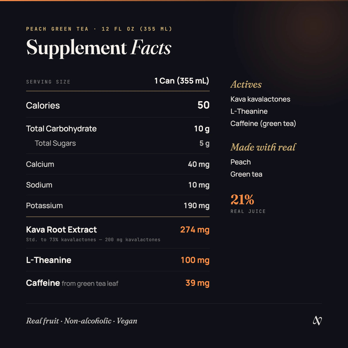 Supplement facts panel for TAVU Unwind Peach Green Tea