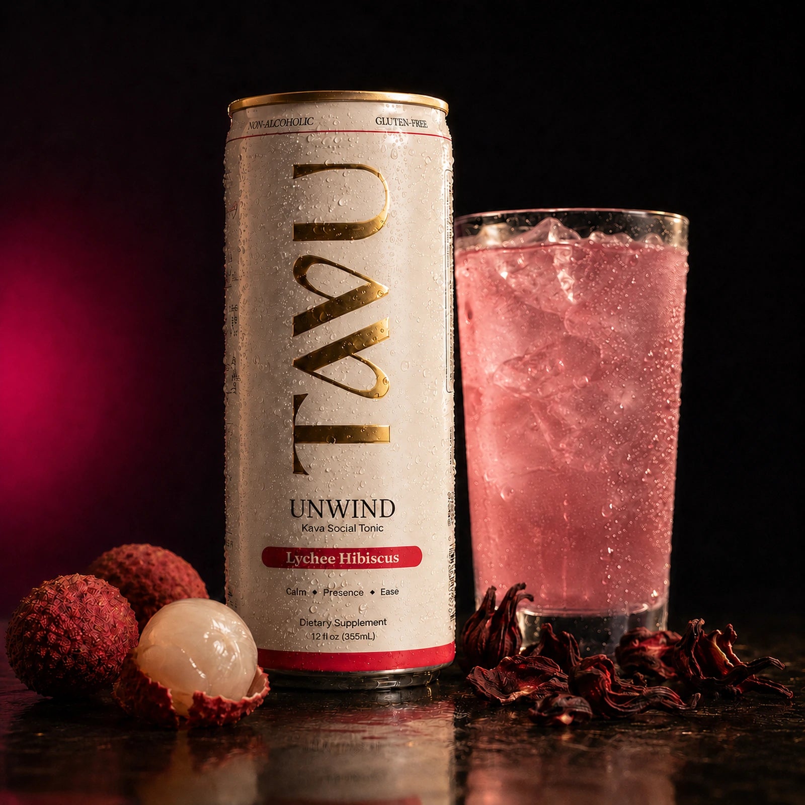 TAVU Unwind Lychee Hibiscus can styled against a warm backdrop