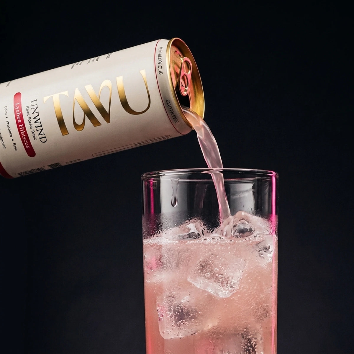 TAVU Unwind Lychee Hibiscus poured over ice in a glass