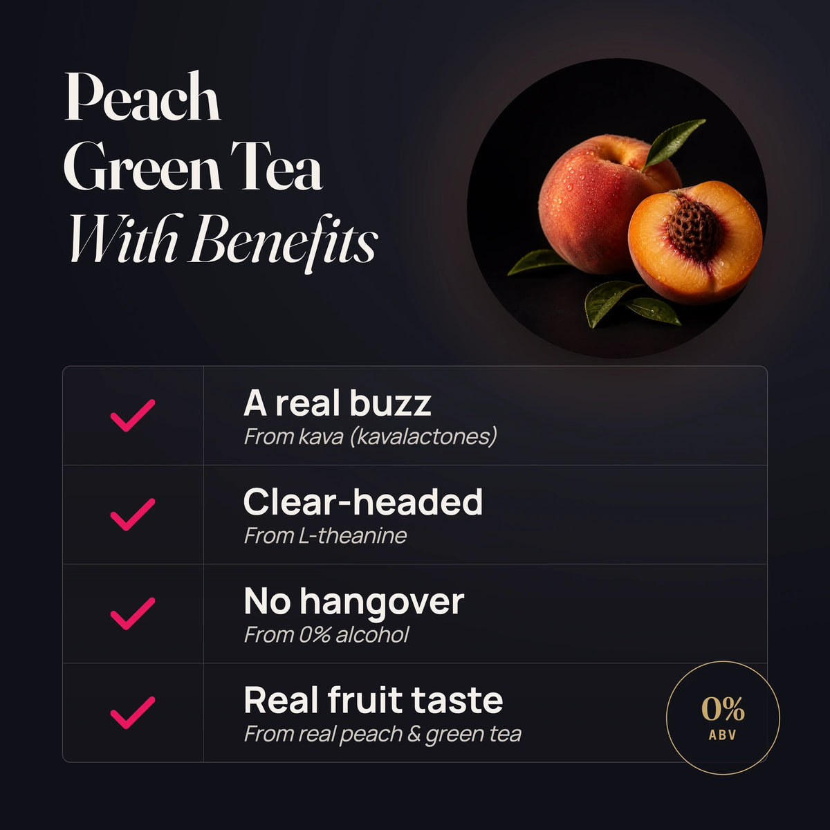 TAVU Unwind Peach Green Tea benefits: calm confidence, 200mg kavalactones, no hangover